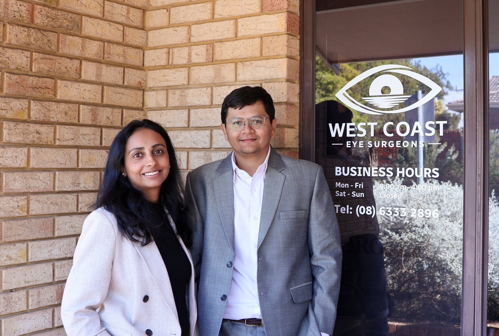 Dr Yachana Shah and Dr Vaibhav Shah outside West Coast Eye Surgeons